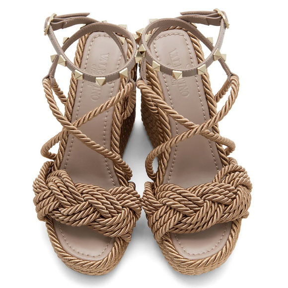 Valentino Rockstud Torchon Poudre Nude Cord Rope Wedge Ankle Strap Sandal 41 - Picture 6 of 11